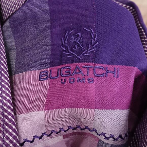 Bugatchi Uomo Shirt Mens Large Purple Pink Plaid Shaped Fit Button Up Cotton - Picture 6 of 10